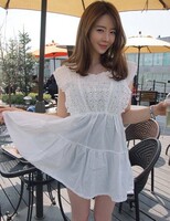 韩国  甜美森林女清新度假方领镂空花打底收腰超短无袖背心连衣裙
