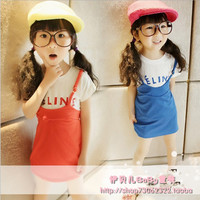 2015夏装新款韩版女童装中大童背带裙+纯棉短袖T恤衫套装2件套