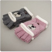 有喜喜 三色可选双用小熊兔羊毛毛线手套 冬季 可爱女生半指手套