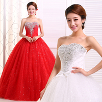 新款抹胸婚纱礼服2015韩式新娘修身齐地大码蕾丝新娘红色婚纱冬季