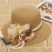 韩版亮粉花朵草帽女式夏天帽子可折叠遮阳帽防紫外线太阳帽沙滩帽