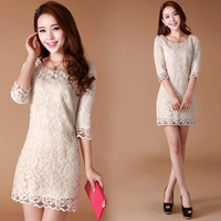 新款春装韩版中袖修身米白色短袖女装夏装新款蕾丝大码连衣裙包邮