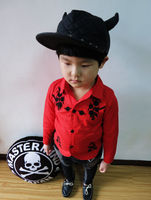 2014早春新款韩版童装男童刺绣花朵红色纯棉长袖衬衫衬衣上衣