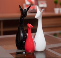 一家三口陶瓷母子情侣小鹿小猫时尚红黑色工艺礼品摆件结婚礼物