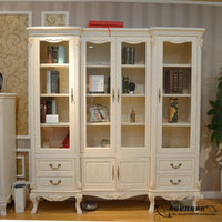 欧式家具 白色实木书橱 仿古田园风格 带 玻璃门 书柜 书架