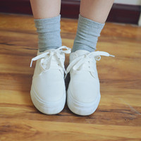 五只自制 韩国纯色系带平底小白鞋 休闲厚底帆布鞋 女鞋