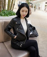 韩国代购ulzzang春装黑色短款大翻领修身pu机车皮衣外套女夹克