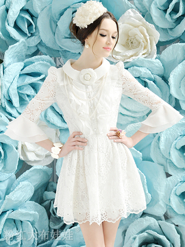2015春装新款淑女白色花朵荷叶边收腰大摆连衣裙