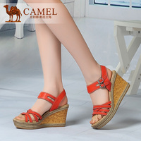 camel骆驼 新款女休闲超高跟凉鞋 牛皮坡跟松糕凉鞋 夏女鞋