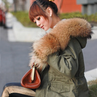 韩版超大貉子毛毛领棉衣棉服军绿色可拆卸羊羔毛外套女装 冬