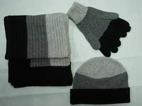 特价时尚 羊毛毛线条纹 男士绅士 百搭 三拼帽子手套围巾3件套
