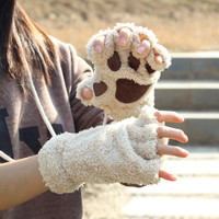 包邮 猫爪手套 冬季韩版 可爱女生露指手套 加厚绒毛熊掌半指手套