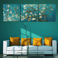 梵高杏花油画客厅装饰画现代欧式沙发背景墙三联无框挂画壁画墙画