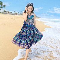 2015新款波西米亚过膝中长款连衣裙雪纺夏海边度假海滩裙沙滩裙潮