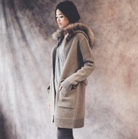 2016秋冬装女韩版学院风真毛领连帽加长加厚长袖针织开衫百搭毛衣