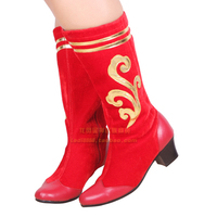 女士舞蹈靴子 红色少数民族鞋子蒙古族藏族女长靴蒙古袍服饰配饰