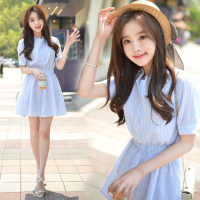 韩国代购2016夏季新款女装纯棉麻短袖衬衫裙中长款甜美连衣裙子
