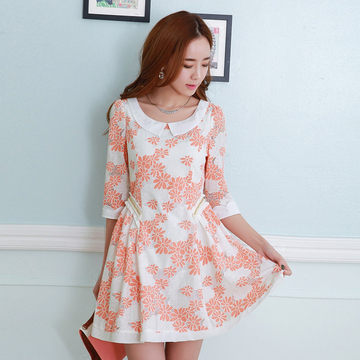 2015韩版女装春夏季新款七分短袖衬衫领蕾丝连衣裙印花胖MM有大码