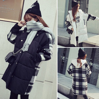 2015冬季韩版新款加厚保暖连帽棉衣女中长款拼接毛呢长袖棉服外套