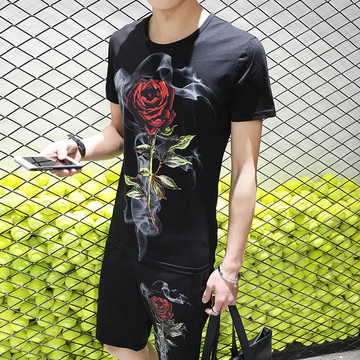 夏季新款男士短袖T恤加肥加大码日系韩版修身圆领玫瑰印花潮男