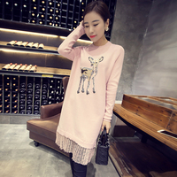 2015冬季新款韩版粉色亮片小鹿蕾丝拼接中长款长袖针织衫毛衣女潮