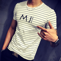 2016夏季新款男士休闲短袖T恤男装条纹字母MJ短袖T恤圆领
