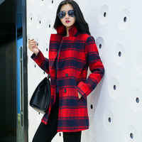 2015秋冬新款女装韩版格子毛呢外套女中长款修身显瘦呢子大衣 潮