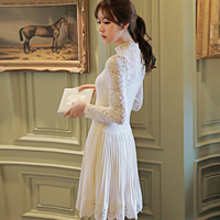 2016韩版春夏女装小香中长款百褶拼接雪纺长袖OL白色蕾丝连衣裙