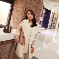 2015冬季韩版修身显瘦中长款拼接时尚气质呢大衣羊西装领毛外套潮