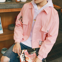 秋季港仔新款韩版工装短款夹克男日系复古青少年刺绣粉色外套薄潮