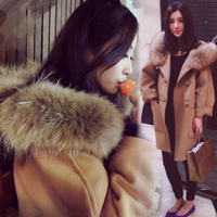2015冬装新款加厚毛呢外套女中长款牛角扣貉子毛领呢子大衣女韩国