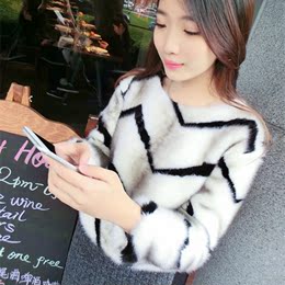 2016冬装新款韩版短款宽松圆领长袖套头毛衣加厚仿皮草毛毛外套女