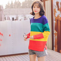 韩国2015秋衣外穿女长袖圆领套头韩版修身打底针织小衫撞色毛衣女