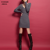 秋装新款气质韩版 V领修身显瘦纯色长袖针织羊毛连衣裙