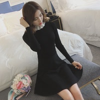 2016年早春新款韩版毛衣显瘦修身木耳领黑色针织连衣裙 女