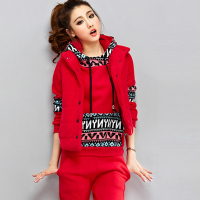 2015冬装新款女装加绒加厚连帽卫衣三件套红色运动套装韩版优质版