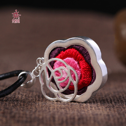 太阳鼓原创设计中国风手工刺绣纯银吊坠项链rose玫瑰花项坠送女友
