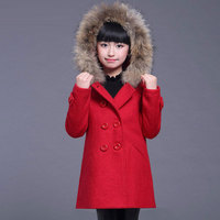 新款童装女童羊毛连帽外套大衣加厚大儿童冬装韩版中长款呢子风衣