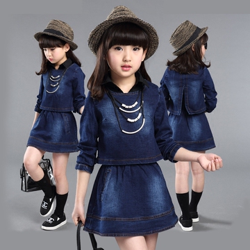 女童春秋2016新款韩版中大童衬衫拼接两件套装牛仔上衣夏季连衣裙