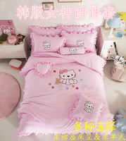 床裙床笠四件套韩版公主卡通床上用品女孩粉色刺绣儿童床单三件套
