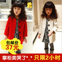 15秋冬韩版儿童装女童玫瑰扣中长款呢子时尚大衣长袖外套粗尼大衣