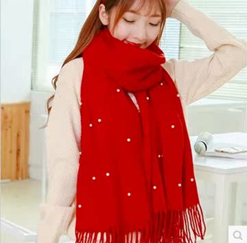2015秋冬新款韩版珍珠纯色加厚保暖毛线围巾女学生披肩两用围脖潮