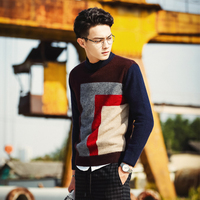 2015春秋走秀新款针织衫青少年男士韩版圆领套头毛衣几何图案设计