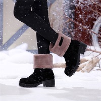 冬季雪地靴女短靴粗跟羊毛厚底真皮中跟平底中筒靴保暖棉靴大码鞋
