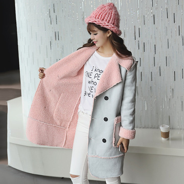 2015冬季新款韩版韩国羊羔毛麂皮绒棉衣女中长款修身显瘦外套夹克