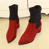 2015秋冬新品韩版黑红色短靴粗跟低跟磨砂皮尖头加绒短筒靴女鞋潮