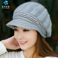 秋冬季女士帽子韩版保暖短檐兔毛帽子可爱时尚毛线帽 保暖针织帽