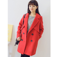 2015冬装新款 韩版女装双排扣中长款毛呢外套 毛呢子大衣必备年货