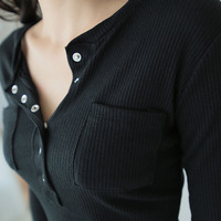 螺纹棉性感长袖t恤女韩版v领纽扣大码修身显瘦秋装上衣2015打底衫