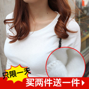 秋冬韩版学生短款纯棉加绒加厚打底衫女士修身保暖内衣长袖T恤女